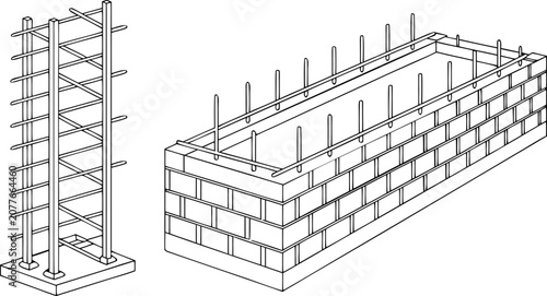 Detailed cad of retaining wall reinforcement steel rebar layout, two perspectives