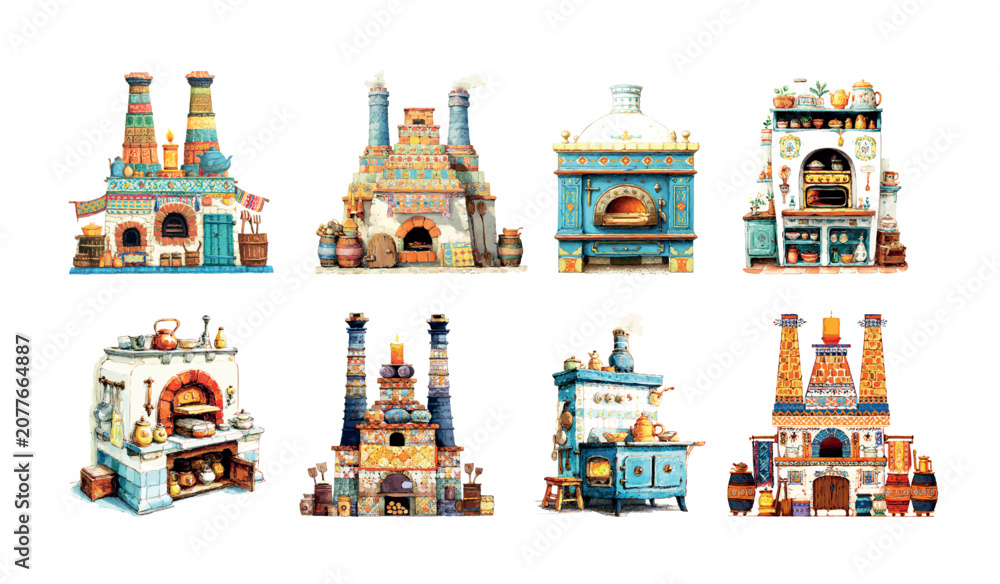 Obraz premium Russian traditional oven cartoon vector set. Stove fireplace fire cooking interior rustic folk fairy tale rural village architecture vintage retro illustration isolated on white