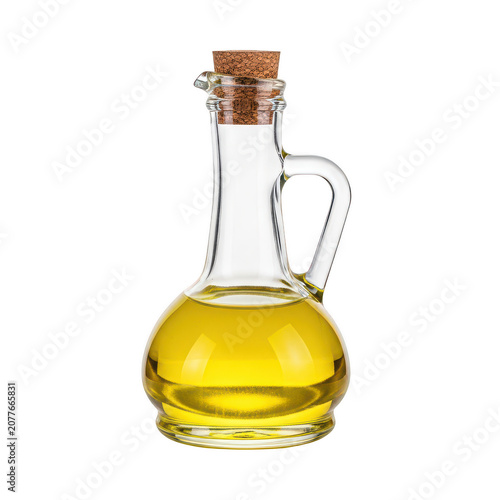 Olive oil in a glass bottle with wooden stopper isolated on transparent background