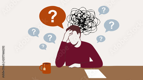 Tableau sur toile Confused man suffering from stress, anxiety, and overthinking with question mark