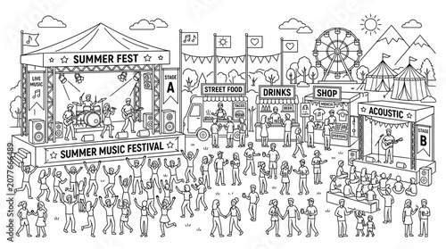 Summer Music Festival Scene with Stages, Food Stalls, Ferris Wheel, and Crowd