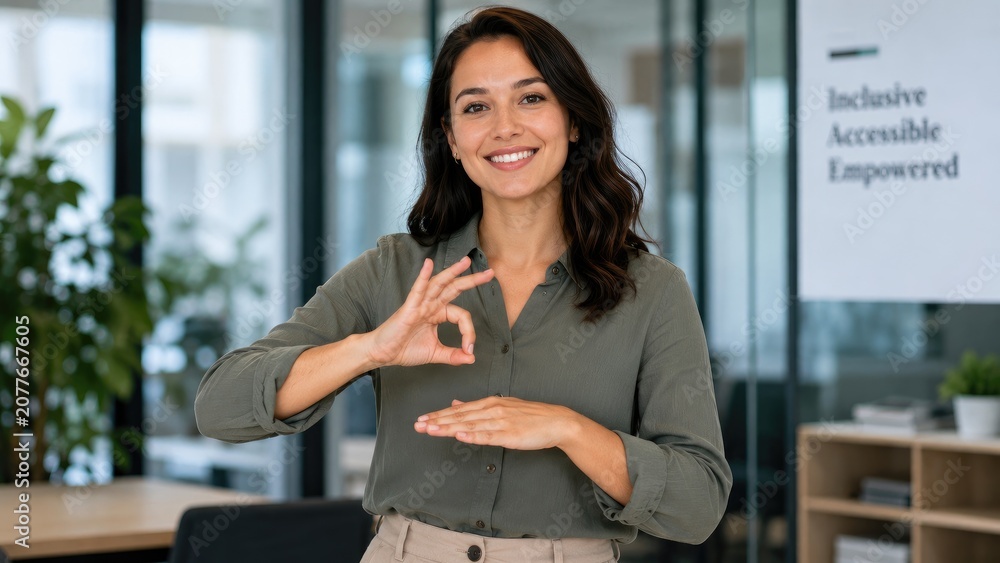 Obraz premium Smiling woman in an office making sign language gestures, inclusive accessible workplace and professional communication scene