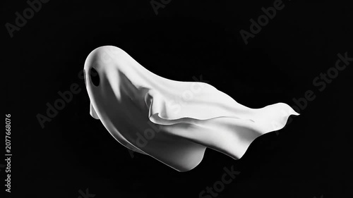 Ethereal white ghost costume floats mysteriously against a dark background.
