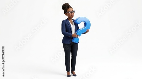 African female executive holding large question mark in office