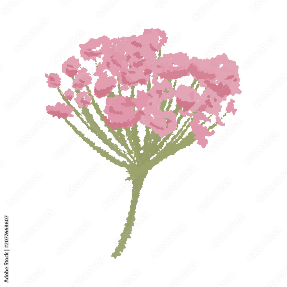 Fototapeta premium Hand-drawn crayon texture illustration of a pink flower bouquet cluster with green stems. Lovely textured botanical element isolated on white background for romantic design