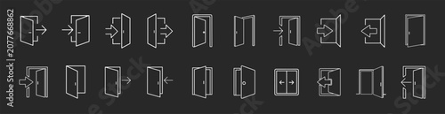 Door icons big set with editable outline stroke featuring open, close, ajar, login, logout, register, password, VIP entrance, key, lock and exit