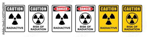 Caution radioactive label set vector. Isolated danger risk of radiation sign on white background. Warning radioactive materials pictogram symbols. Nuclear keep out concept. Vector illustration.