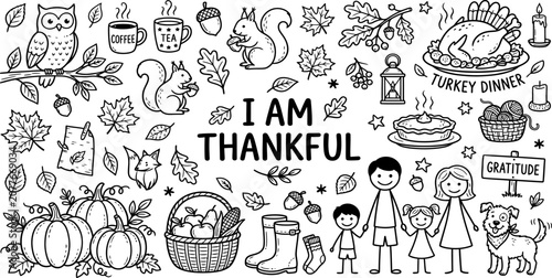Obraz na płótnie Thankful fall season doodle art with family and nature elements