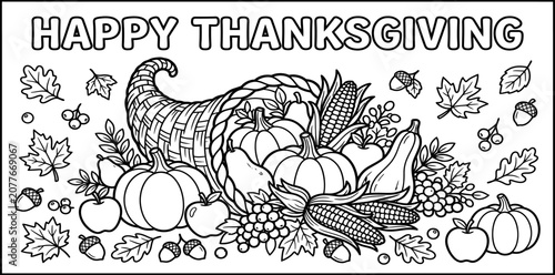Thanksgiving cornucopia illustration with pumpkins grapes and autumn leaves black and white