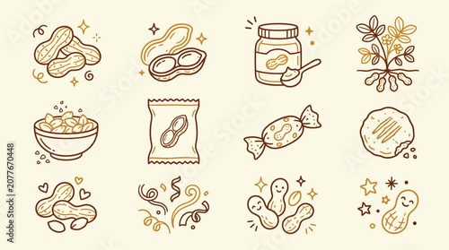 Obraz na płótnie A collection of cute doodle icons depicting various peanut products and forms, including whole peanuts, peanut butter, snacks, and a plant, all in a warm brown color palette