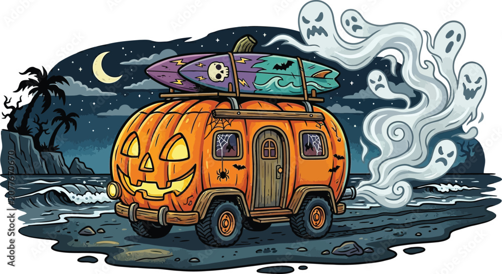 Fototapeta premium Broomstick design features flaming bristles and decorative nautilus wheels.