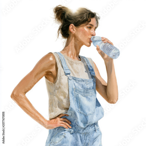 Woman drinks water while wearing denim overalls and standing in a clear space during daytime