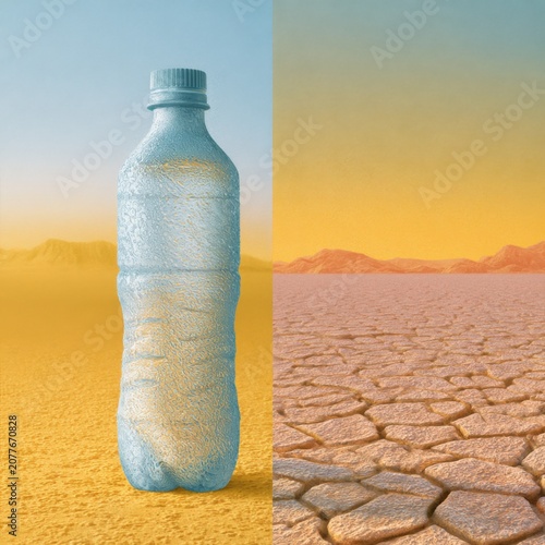 Water bottle stands tall in dry desert landscape that shows extreme heat and drought conditions