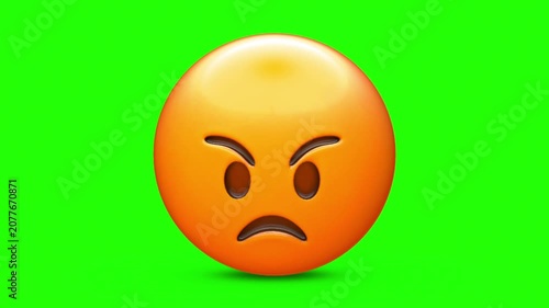 3D Animated Glossy Angry Emoji with Furrowed Eyebrows and Scowling Mouth 4k stock animation video on a green screen for chroma key background in video editing.
