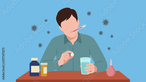 Photos Illustration of sick man with fever taking medicine for viral infection