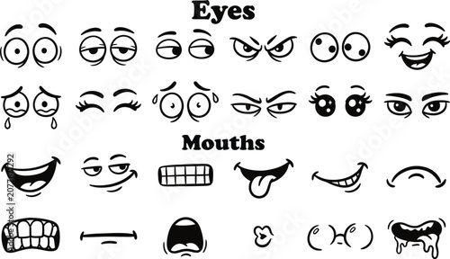 Cartoon eyes and mouths expression kit vector elements.