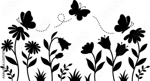 Tableau sur toile Black silhouette of garden flowers and flying butterflies with butterfly