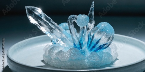 Dessert with blown sugar art pieces resembling ice crystals, blue and white tones, cold lighting.
