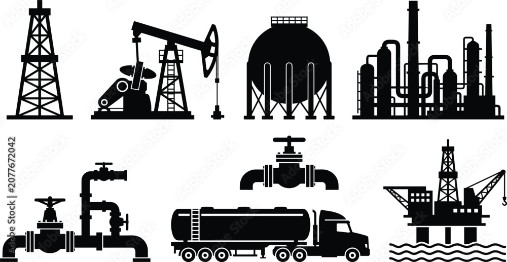 Obraz premium Oil Industry Infrastructure Silhouette Set with Petroleum Refinery Offshore Drilling Pipeline Fuel Transport Storage Tank and Energy Production Vector