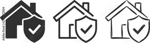 Valokuva Three house icons with checkmarks, one with a shield