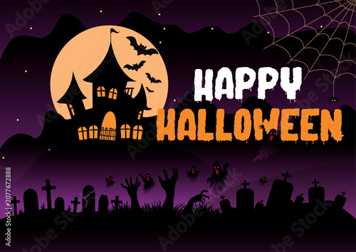 Happy Halloween Haunted House Banner Illustration, vector Design