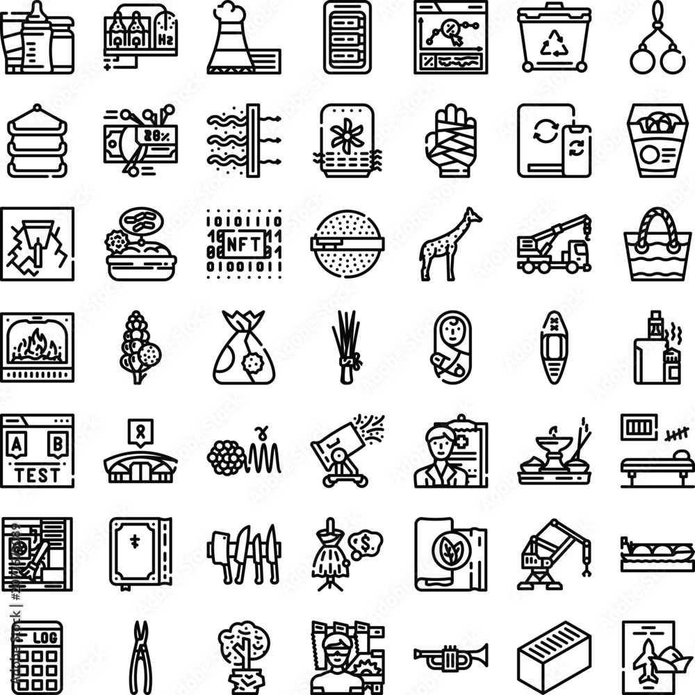 Fototapeta premium Set of various black and white line icons covering business, technology, internet, design, and common objects, offering a wide range of recognizable symbols