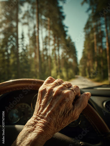 Elderly Hands Driving Car Through Forest