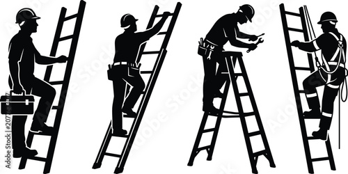 Cuadro en lienzo Construction Worker Ladder Maintenance Silhouette Set with Electrician Technicia