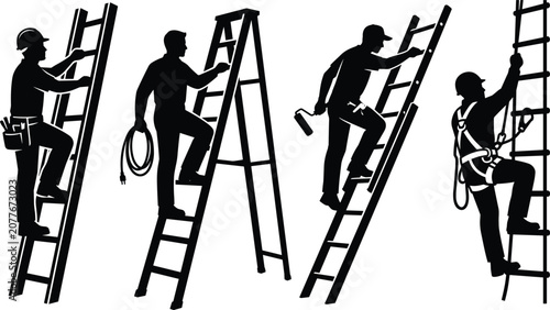 Fotografía Construction Worker Ladder Safety Silhouette Set with Maintenance Repair Technic