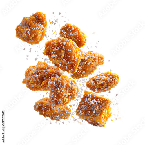 Levitating Frozen Fried Chicken Pieces on a white background(3)