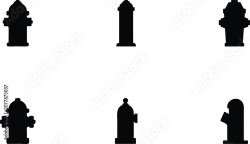 Foto Collection of various fire hydrant silhouettes on white background for urban inf