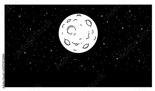 Obraz na płótnie Large White Moon Rising in Bright Blue Night Sky Minimal Flat Vector Illustratio