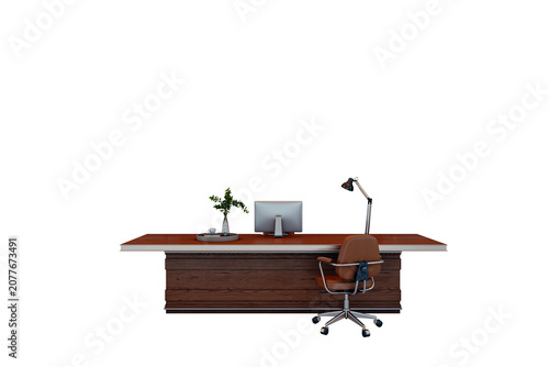 Office desk with computer, lamp and chair in realistic style on white background, concept of workspace furniture layout and modern interior, 3D Rendering
