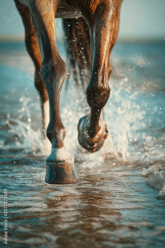 Horse legs running in shallow water with splashes