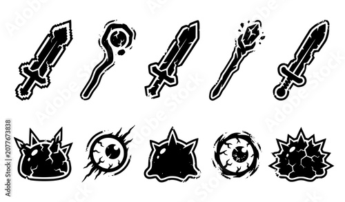 Fotografie Battle damaged fantasy pixel game enemy and magic weaponry graphic bundle