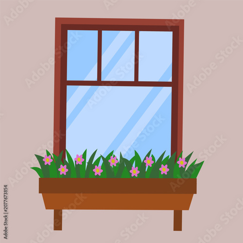 Wooden Window with Flower Box and Blooming Plants Illustration
