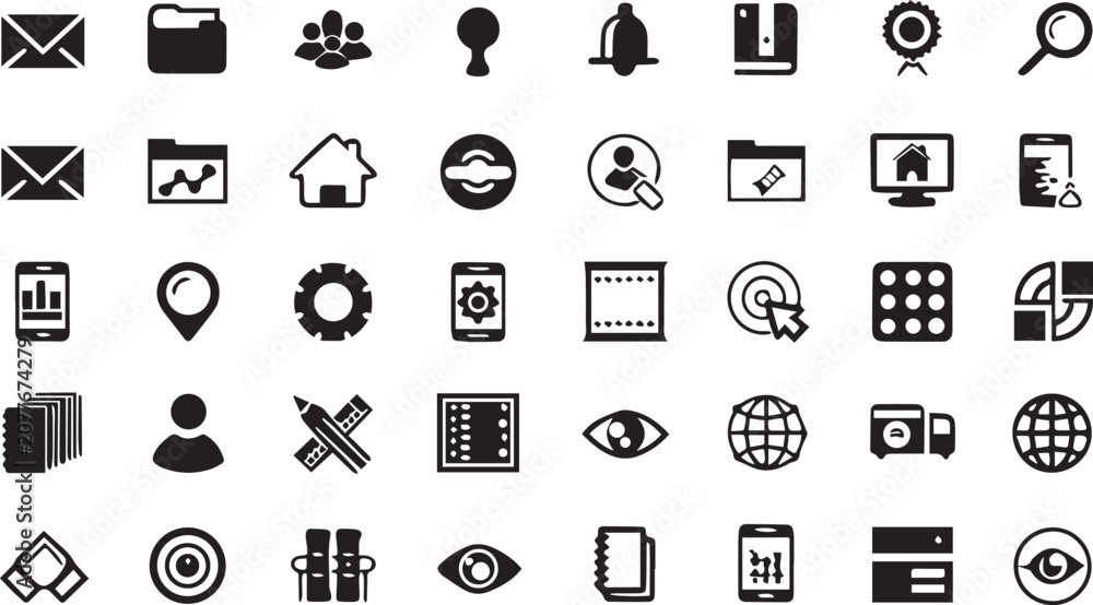 Fototapeta premium Set of black business and technology icons for web design and user interface development Vector
