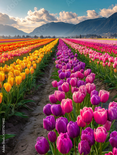 Tulip fields in spring with mountains in background