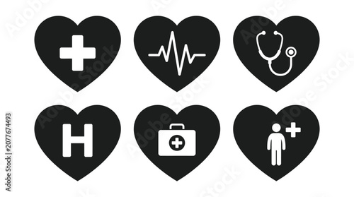 Set of black heart icons featuring various white medical symbols representing healthcare services and wellness concepts for professional clinical design projects
