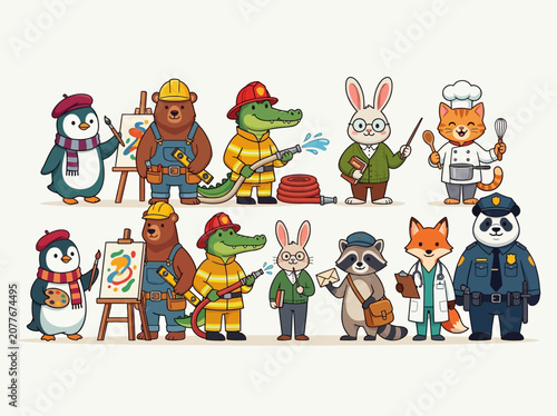 Cute Cartoon Animal Professions and Careers Character Set