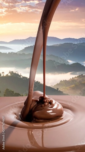 Creamy chocolate sauce pouring with a misty mountain background.
