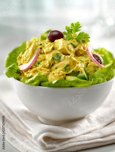 Curried chicken salad in white bowl