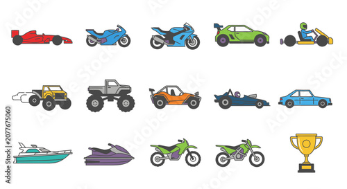 Assorted transportation vehicles and a winners trophy vector set.