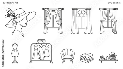 Photos Fashionable Woman, Hats, Dresses, Curtains, Furniture, Accessories Icons Set
