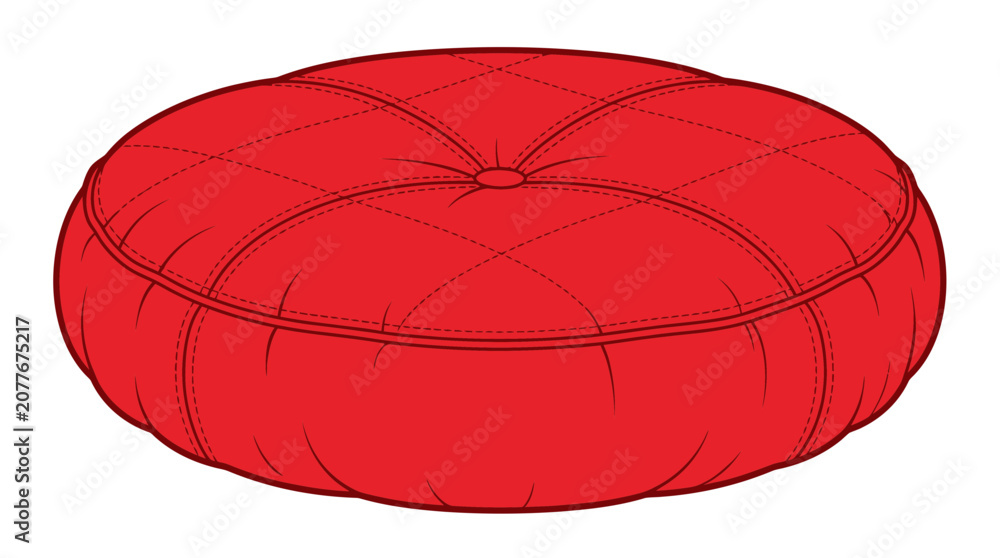 Fototapeta premium Red Round Floor Cushion Tufted Modern Furniture Isolated White Background