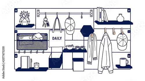Obraz na płótnie Organized Wall Organizer with Daily Items, Keys, Bags, and Clothes