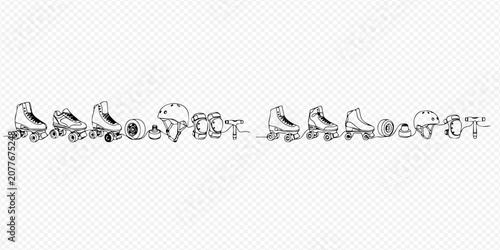Obraz na plátně Continuous line drawing of roller skates and protective gear, including a helmet and pads, for recreational sport and safety