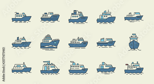 Diverse set of boat and ship icons for maritime.