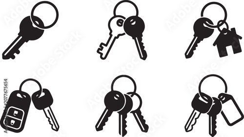 Set of six different keys and keyrings in black and white icon style Vector