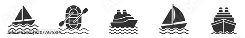 Foto set of five black boat icons including sailboats inflatable raft and cruise ship